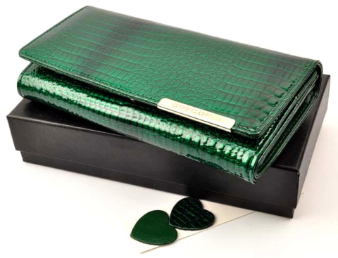 Portfel Damski Skórzany GREGORIO Skóra Licowa Lakierowana Duży Z Suwakiem Zapinka Wewnątrz GF-102 ZIELONY 19 x 9,5 x 3,5 [cm]