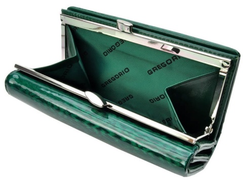 Portfel Damski Skórzany GREGORIO 14 cm Klamra i Klapka Skóra Naturalna Lakierowany PT-108 ZIELONY 14 x 9 x 4 [cm]