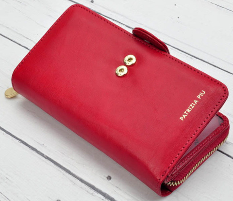 Portfel Damski Skóra Naturalna PATRIZIA Duży Z Suwakiem Piórnik IT-116 CZERWONY RFID 16,5 x 9 x 3,5 [cm]