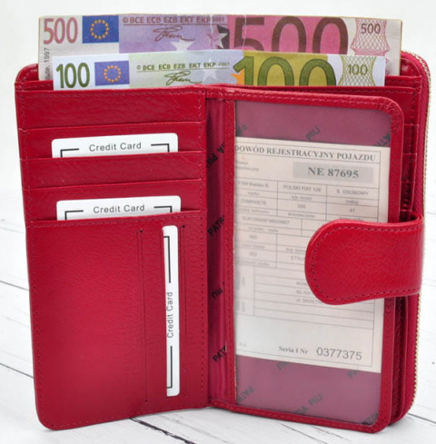 Portfel Damski Skóra Naturalna PATRIZIA Duży Z Suwakiem Piórnik IT-116 CZERWONY RFID 16,5 x 9 x 3,5 [cm]