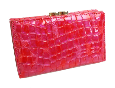 Portfel Damski Skórzany GREGORIO 14 cm Klamra i Klapka Skóra Naturalna Lakierowany FS-108 CZERWONY TEKSTURA 14 x 9 x 4 [cm]