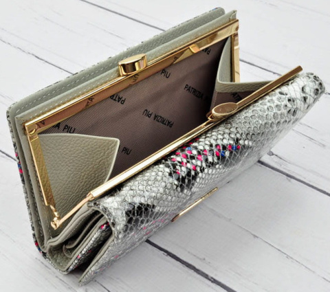 Portfel Damski Skórzany PATRIZIA 14 cm Klamra i Klapka Skóra Naturalna Lakierowany SN-108 SZARO-RÓŻOWY RFID 14 x 9 x 4 [cm]