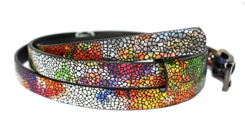 Pasek Skórzany PAS-MAX (PL) Damski "POŁYSKUJĄCA DROBNA ŁUSKA" Skóra Licowa 15 mm KOLOROWA MOZAIKA