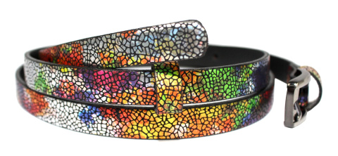 Pasek Skórzany PAS-MAX (PL) Damski "POŁYSKUJĄCA DROBNA ŁUSKA" Skóra Licowa 15 mm KOLOROWA MOZAIKA