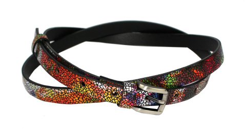 Pasek Skórzany PAS-MAX (PL) Damski "POŁYSKUJĄCA DROBNA ŁUSKA" Skóra Licowa 15 mm KOLOROWA MOZAIKA