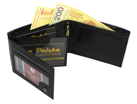 Portfel Męski Skórzany Peterson Skóra Naturalna Duży Poziomy Bez Zapięcia KOMIN Na Bilon Czarny N61-VT RFID 12,5 x 9,5 x 2 [cm]