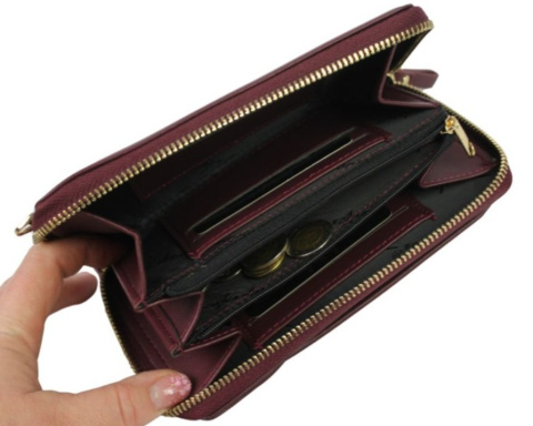 Damski Pionowy Portfel Na Pasku Jennifer Jones z Funkcją Torebki 1125-1 Portfelo-Torebka BURGUND 19 x 12 x 6 [cm]