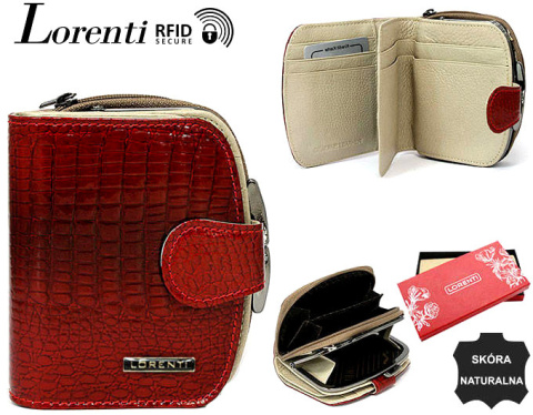 Portfel Damski Skórzany LOREN 12 cm Klamra Suwak I Klapka Skóra Naturalna Lakierowana 43972 RFID CZERWONY 12 x 10 x 3.5 [cm]