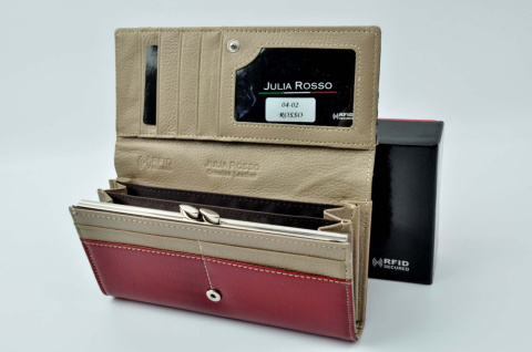 Portfel Damski Skórzany Lakierowany Julia Rosso Długi Max Z Klamrą RFID 18.5 x 9.5 [cm]
