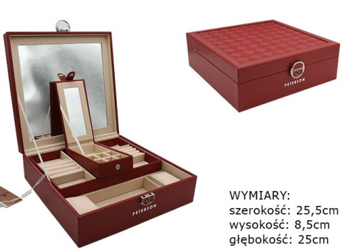Elegancka i Stylowa Szkatułka Na Biżuterię PETERSON Pojemny Organizer PTN SZK-03 BORDOWY 25,5 x 25 x 8 [CM]
