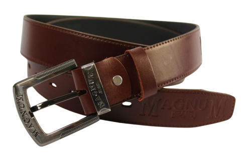 Pasek Skórzany COMPLEX (PL) Tłoczony Napis "MAGNUM" Skóra Naturalna Licowa Klamra Bezniklowa EXTRA 40 mm KASZTANOWY