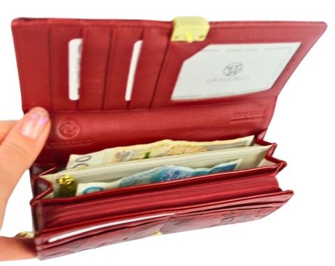 Portfel Damski GREGORIO HL-106 Długi Max Suwak RIFD Skóra Naturalna CZERWONY 19,5 x 10 x 4 [cm]