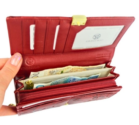 Portfel Damski GREGORIO HL-106 Długi Max Suwak RIFD Skóra Naturalna CZERWONY 19,5 x 10 x 4 [cm]