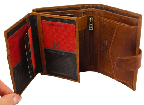 Portfel Męski Skórzany PIERRE CARDIN Skóra Licowa Duży Pionowy Z Zapięciem MATOWY 326A RFID KONIAKOWY 13 x 10 x 3 [cm]
