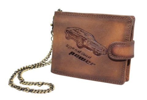 Portfel Męski Peterson Skóra Naturalna N992L Poziomy Z Zapinką Dwa Skrzydełka I Łańcuszek BRĄZOWY RFID 12 x 9,5 x 3 [cm] AUTO