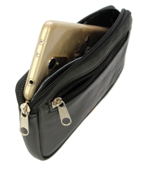 Skórzane Etui Na Telefon Płaska Saszetka CZARNA Na Pasek Z Suwakiem Polska Galanteria (PL) Na Smartfona 17,5 x 10,5 [cm]