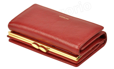 Portfel Damski Skórzany PATRIZIA 14 cm Klamra i Klapka Skóra Naturalna FL-108 CZERWONY RFID 14 x 9 x 4 [cm]