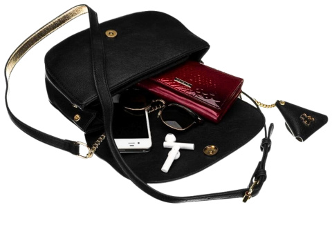 Stylowa Listonoszka Ze Skóry Włoskiej Ekologicznej LULUCASTAGNETTE CZARNA Ze Złotymi Elementami 24 x 18 x 7 [cm]