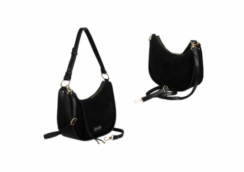 Stylowa Zamszowa Listonoszka Ze Skóry Włoskiej Ekologicznej David Jones 6542 CZARNA Ze Złotymi Elementami 26 x 21 x 10 [cm]