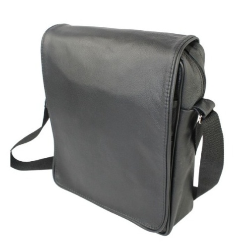 Skórzana Torba Na Ramię Pionowa GRETOS (PL) Listonoszka Z Klapką CZARNA 37 x 30 x 7 [cm]