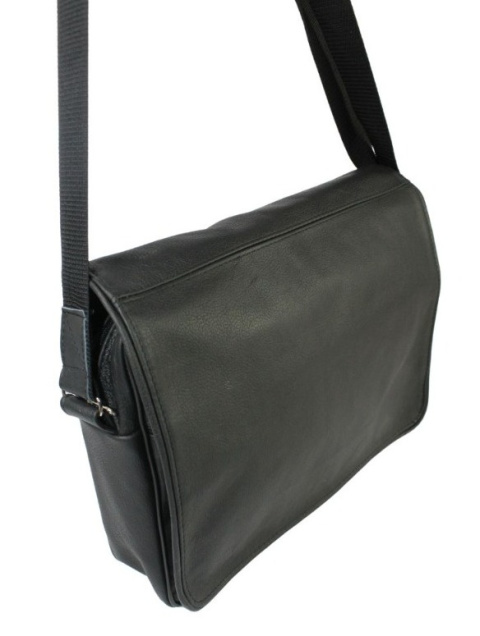 Skórzana Torba Na Ramię Pozioma GRETOS (PL) Listonoszka Z Klapką CZARNA 37 x 30 x 9 [cm]