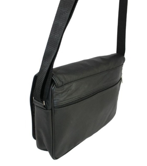 Skórzana Torba Na Ramię Pozioma GRETOS (PL) Listonoszka Z Klapką CZARNA 37 x 30 x 9 [cm]