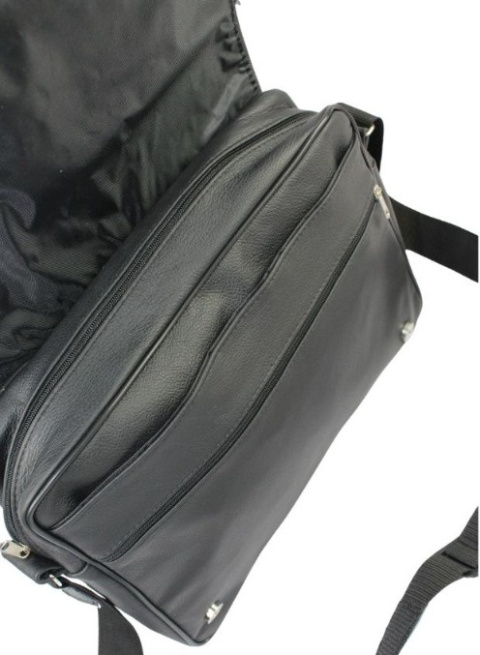 Skórzana Torba Na Ramię Pozioma GRETOS (PL) Listonoszka Z Klapką CZARNA 37 x 30 x 9 [cm]