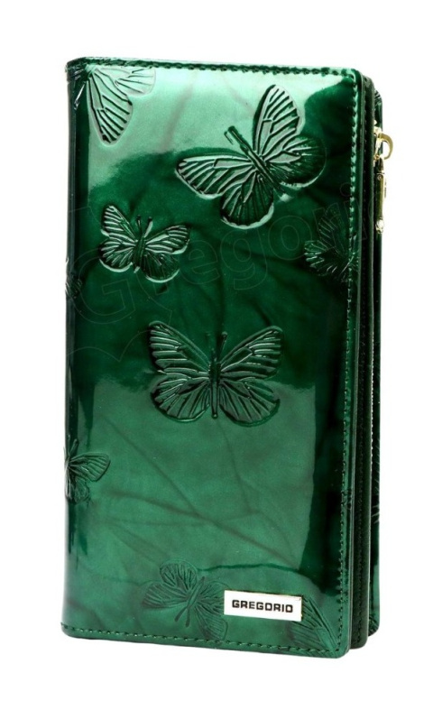 Portfel Damski Skórzany GREGORIO Lakierowany Długi Z Suwakiem Na Zewnątrz BTS-124 ZIELONY 19,5 x 10 x 3,5 [cm]