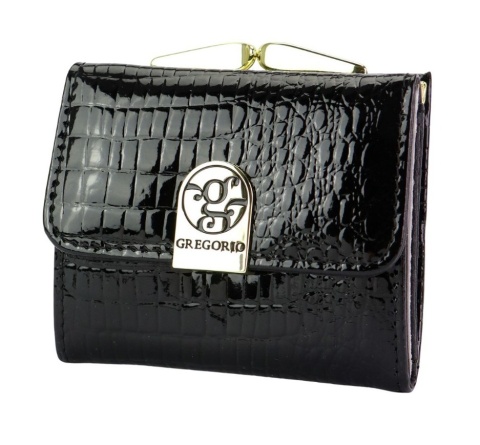 Portfel Damski Skórzany GREGORIO Skóra Licowa Lakierowany Mały Z Klamrą RFID GF-126 CZARNY 9.5 x 8 x 2.5 [cm]