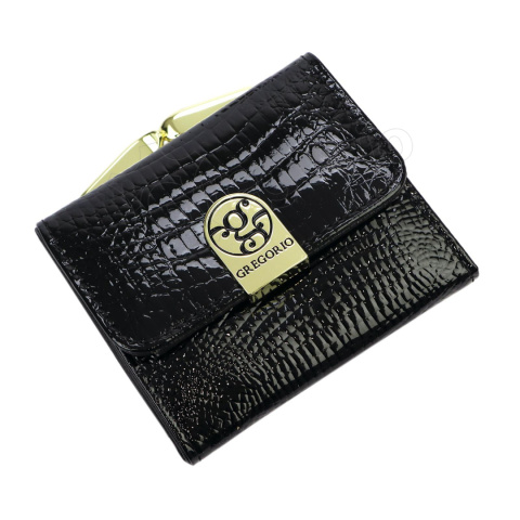 Portfel Damski Skórzany GREGORIO Skóra Licowa Lakierowany Mały Z Klamrą RFID GF-126 CZARNY 9.5 x 8 x 2.5 [cm]