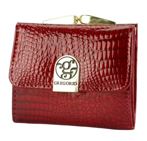 Portfel Damski Skórzany GREGORIO Skóra Licowa Lakierowany Mały Z Klamrą RFID GF-126 CZERWONY 9.5 x 8 x 2.5 [cm]