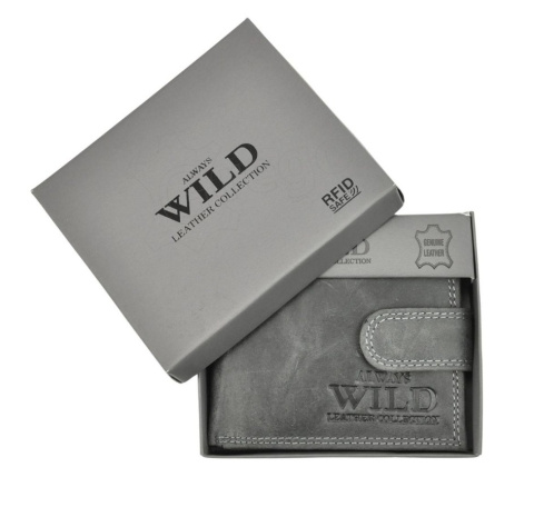 Portfel Męski Skórzany ALWAYS WILD Skóra Licowa Mały Poziomy Z Zapięciem RFID N0035L-CHM/8724 CZARNY 10,5 x 9 x 2 [cm]