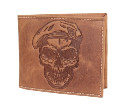 Portfel Męski Skórzany Peterson Skóra Naturalna Duży Poziomy Bez Zapięcia Dwa Skrzydełka N992 BRĄZOWY "CZASZKA" 13 x 10 x 2 [cm]