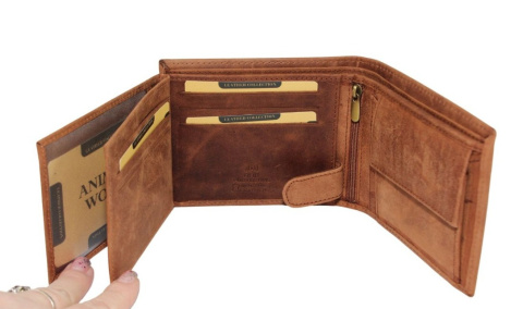 Portfel Męski Skórzany Peterson Skóra Naturalna Duży Poziomy Bez Zapięcia Dwa Skrzydełka N992 BRĄZOWY "CZASZKA" 13 x 10 x 2 [cm]