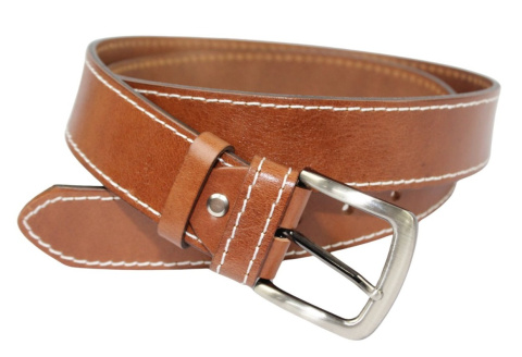 Pasek Męski Skórzany PAS-MAX (PL) Skóra Licowa 40 mm BRĄZOWY SZYTY CIENKĄ BIAŁĄ NITKĄ