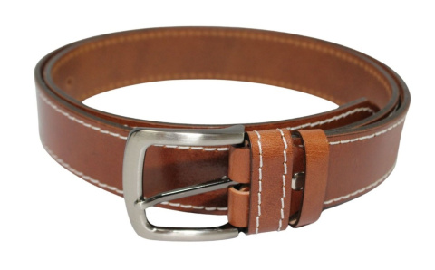 Pasek Męski Skórzany PAS-MAX (PL) Skóra Licowa 40 mm BRĄZOWY SZYTY CIENKĄ BIAŁĄ NITKĄ