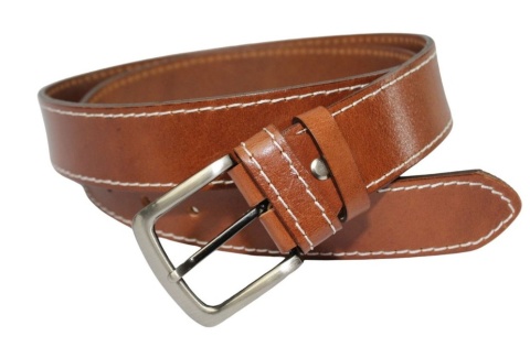 Pasek Męski Skórzany PAS-MAX (PL) Skóra Licowa 40 mm BRĄZOWY SZYTY CIENKĄ BIAŁĄ NITKĄ