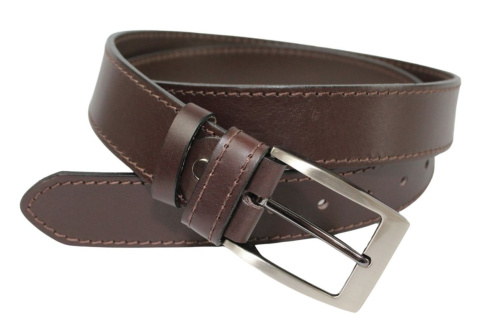 Pasek Męski Skórzany PAS-MAX (PL) Skóra Licowa 40 mm CZEKOLADOWY SZYTY CIENKĄ CZEKOLADOWĄ NITKĄ