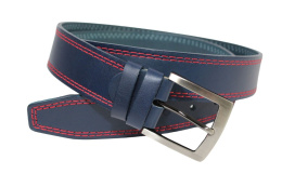 Pasek Skórzany PAS-MAX (PL) Skóra Naturalna Licowa EXTRA 40 mm Granatowy Z Podwójną Niebieską Nitką K82