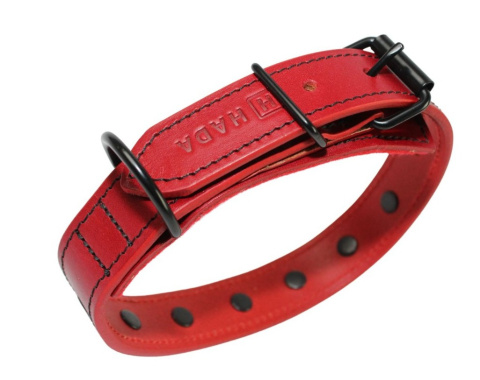 Solidna Obroża Dla Psa Czerwona z Dżetami Czarna Nitka Skóra Naturalna 25 mm 28/38 cm WIREX (PL)