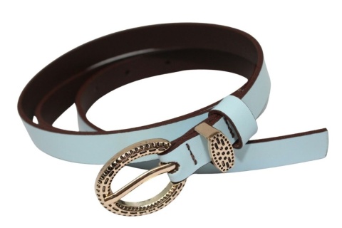 Pasek Damski Skórzany Gładki Arucce (PL) 15 mm Wąski Złota klamra Metalowa Szlufka BŁĘKITNY