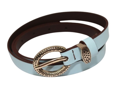 Pasek Damski Skórzany Gładki Arucce (PL) 15 mm Wąski Złota klamra Metalowa Szlufka BŁĘKITNY