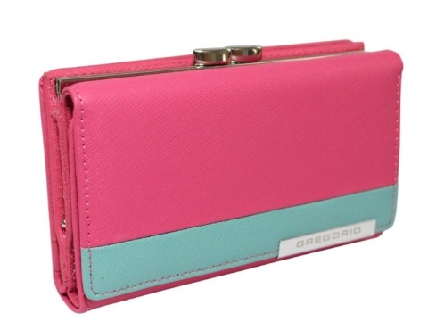 Portfel Damski Skórzany GREGORIO 14 cm Klamra i Klapka Skóra Naturalna FRZ-108 RÓŻOWY Z MORSKIM 14 x 9 x 3,5 [cm]