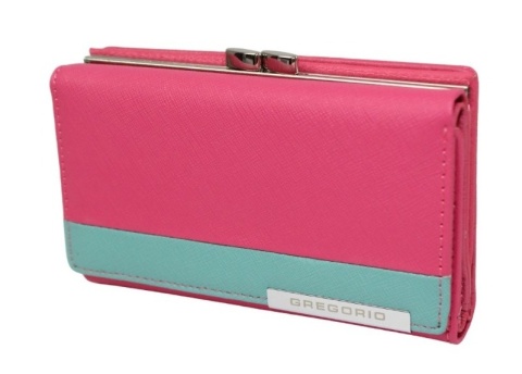 Portfel Damski Skórzany GREGORIO 14 cm Klamra i Klapka Skóra Naturalna FRZ-108 RÓŻOWY Z MORSKIM 14 x 9 x 3,5 [cm]