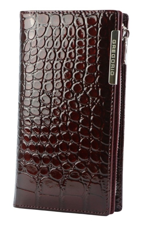 Portfel Damski Skórzany GREGORIO Lakierowany Długi Z Suwakiem Na Zewnątrz BC-124 BRĄZOWY 19,5 x 10 x 3,5 [cm]