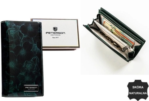 Portfel Damski Skórzany Peterson Lakierowany Długi Z Suwakiem Na Zewnątrz RFID PTN-PS1431 ZIELONY 19,5 x 10 x 3,5 [cm]