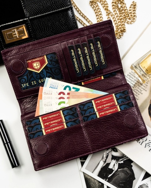 Portfel Damski Skórzany Peterson Lakierowany Długi Z Suwakiem Na Zewnątrz RFID PTN-PS1431 FIOLETOWY 19,5 x 10 x 3,5 [cm]