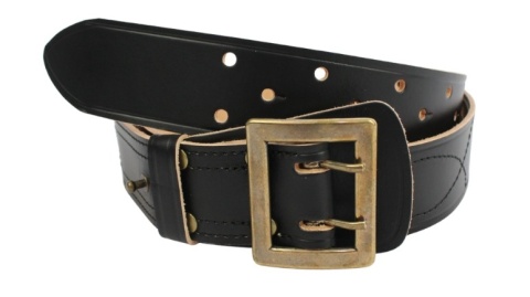 Wojskowy Pas Męski Skórzany OFICER RUBIN(PL) Skóra Licowa CZARNY MOSIĘŻNA KLAMRA Z Jasnym Spodem Z Płytką I Przeszyciami PO45C