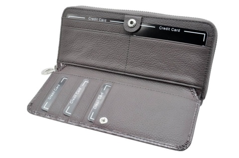 Portfel Damski Skóra Naturalna Lakierowana GREGORIO Duży Z Metalowym Suwakiem Piórnik FZ-111 SZARY 18,5 x 9,5 x 3,5 [cm]