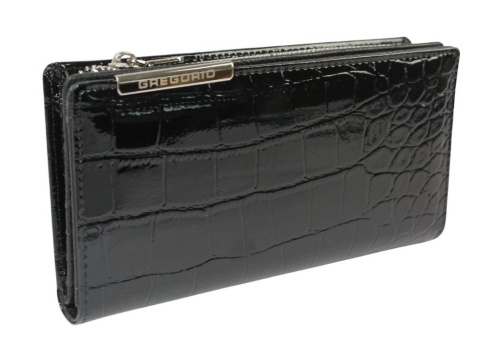 Portfel Damski Skórzany GREGORIO Lakierowany Długi Z Suwakiem Na Zewnątrz BC-124 CZARNY 19,5 x 10 x 3,5 [cm]